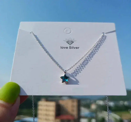 Collar De Plata Con Colgantes De Cristal De Estrella Azul Plateado