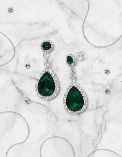 Aretes Para Quinceañera Verde Esmeralda Plata Para 15 Años Plateado