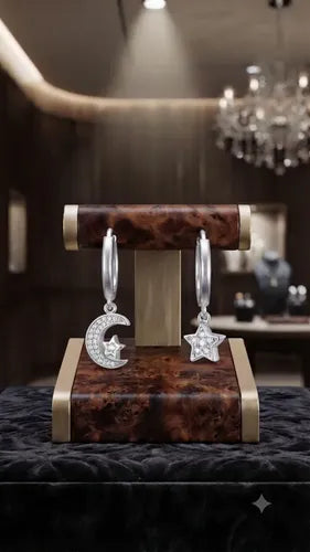 Huggie De Estrella Y Luna Con Circonitas De Plata 925 Plateado