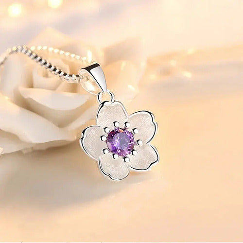 Collares Mujer De Plata 925 Dije Flor Purpura Estilo Coreano Plateado