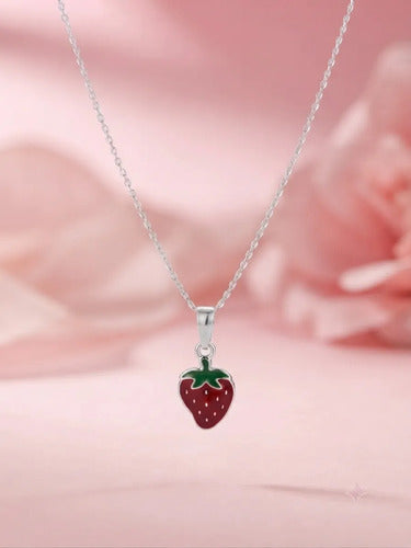 Collar Dije De Fresa De Plata 925 Rojo