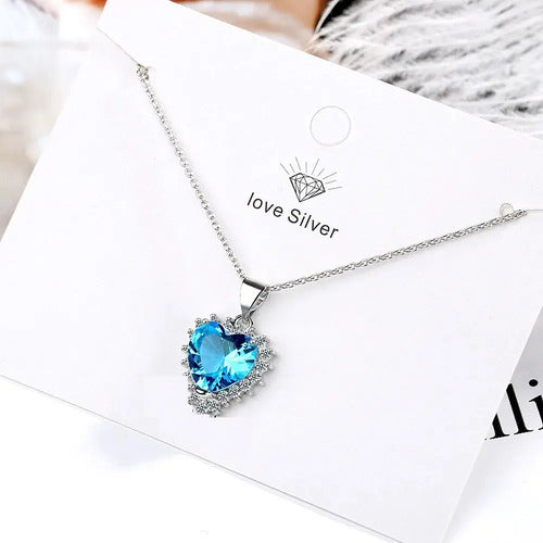 Collar De Plata Con Corazón Elegante, Circonita Azul O Roja  Azul