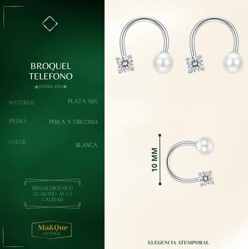 Broquel Telefono De Perla Y Circonita Plata 925 Plateado