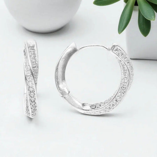 Aretes Huggies Elegante Plata 925 Entrelazados Con Circonias Plateado