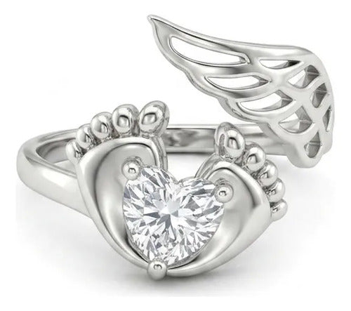 Anillo Ajustable De Piecitos Con Circonia Y Alas Plata 925 Plateado Ajustable