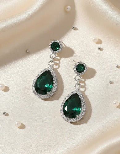 Aretes Para Quinceañera Verde Esmeralda Plata Para 15 Años Plateado