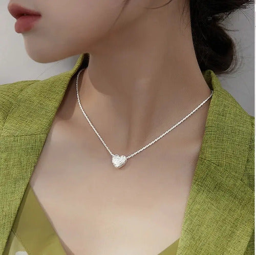 Collar Mujer De Plata Ley 925 Dije Corazón, Elegante Plateado