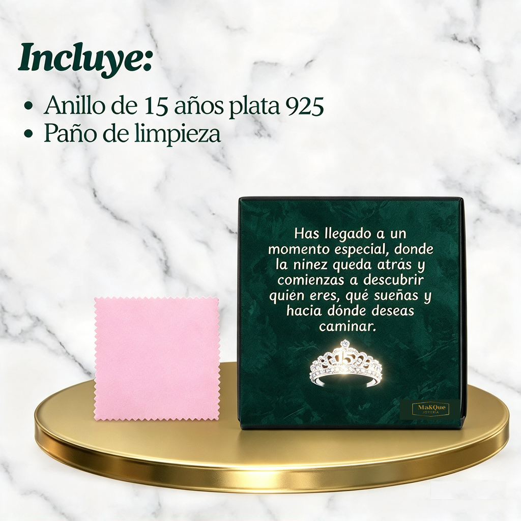 Anillo XV Años Corona Princesa con Mensaje · Plata